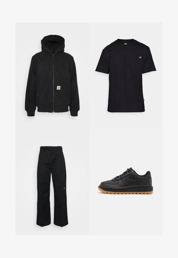 Zwarte zip-up hoodie met een gewatteerde capuchon, trekkoorden en voorzakken. Heeft een logopatch op de linkse zak en ribgebreide manchetten.; Zwarte katoenen t-shirt met een klassieke ronde hals, korte mouwen, een borstzakje aan de voorkant en een logo patch nabij de naad van de zak. Zachte textuur.; Zwarte broek gemaakt van stevig stof, met een rechte pijpvorm, riemlussen en een klein logo aan de onderzijde.; Zwarte leren sneaker met textuur, ronde neus, geperforeerde details en een gumrubberen zool. Heeft contrasterende gele stiksels en logo.
