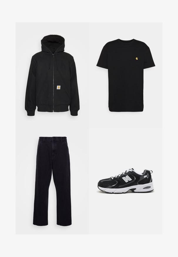 Must/hoodie, mille ajal, pitsitud kapuutsiga, nööride ja esikottidega. Vasakpoolsel kotil on logo silt ja peenikesed varrukad.; Must must tee, lühikeste varrukatega, ümar kaelus ja vasakul rinnal väike kollane logo. Lihtne disain ja regulaarne istuvus.; Mustad denimitüüpi püksid otse lõikega, varustatud nööbi ja tõmbluku kinnitusega, vöörihmadega ning minimaalsete õmbluse detailidega.; Must värvi ja hallid spordijalatsid, mille ülemine osa on valmistatud võrgust ja nahast, valge vaheosaga, paeltega ja küljel julge "N" logo.