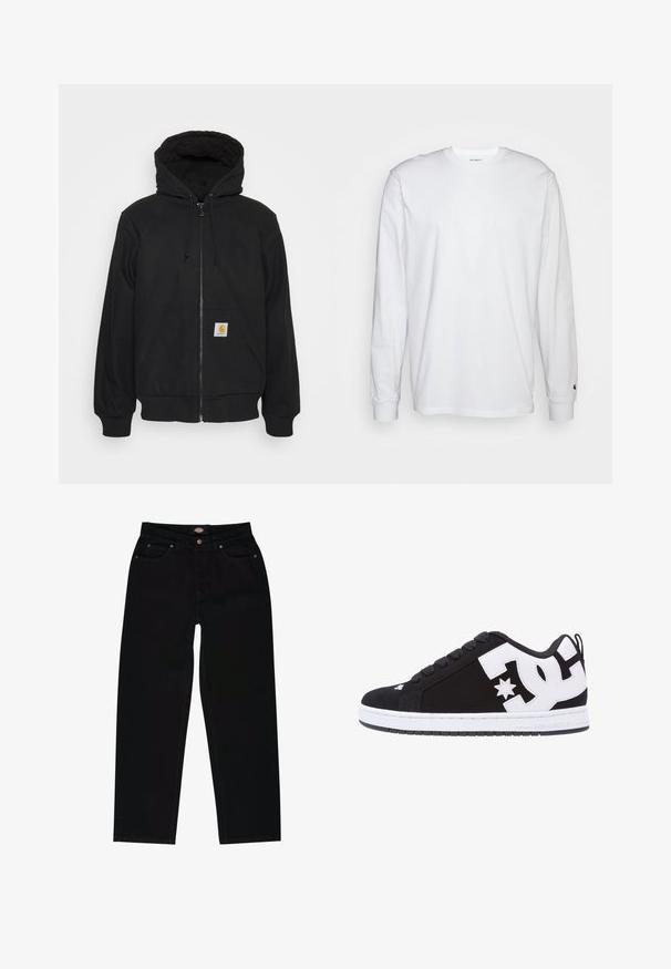 Sudadera con cremallera negra y capucha acolchada, con cordones y bolsillos delanteros. Presenta un parche con el logo en el bolsillo izquierdo y puños de canalé.; Camiseta blanca de manga larga hecha de algodón. Diseño de cuello redondo con puños acanalados y un pequeño logo en la manga izquierda. Textura suave.; Vaqueros de mezclilla negra con corte recto, que cuentan con cinco bolsillos, costuras marrones y cierre de cremallera. Textura suave y material duradero.; Zapatilla negra con acentos y logotipo blanco. Presenta puntera redonda, suela acolchada, cordones planos y material superior liso. Vista lateral.