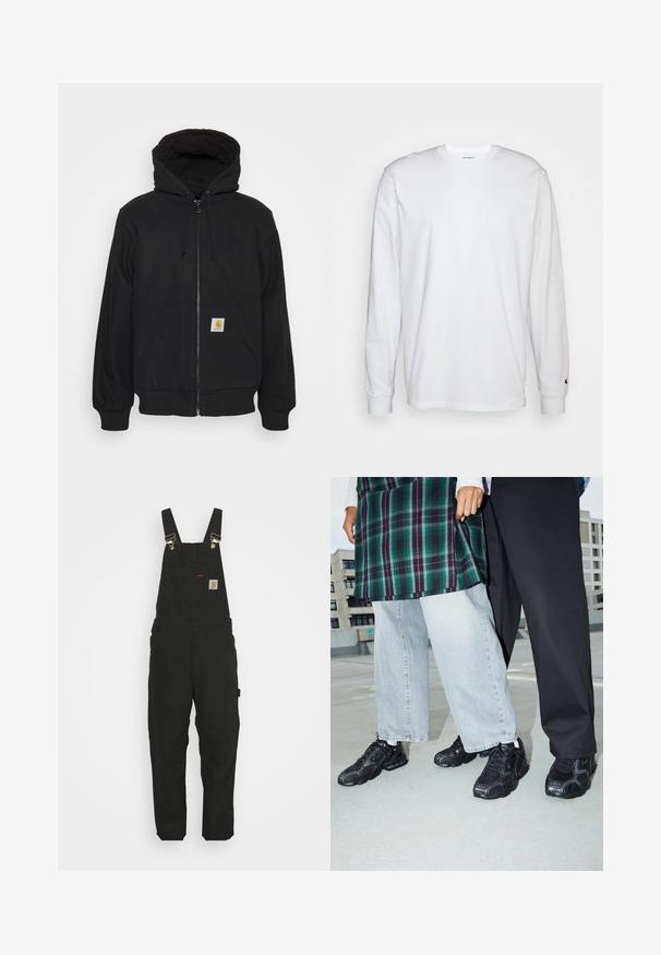 Sudadera con cremallera negra y capucha acolchada, con cordones y bolsillos delanteros. Presenta un parche con el logo en el bolsillo izquierdo y puños de canalé.; Camiseta blanca de manga larga hecha de algodón. Diseño de cuello redondo con puños acanalados y un pequeño logo en la manga izquierda. Textura suave.; Pantalones de tirantes de algodón negros con tirantes ajustables, un bolsillo delantero con parche de logo y dos bolsillos laterales, con un corte relajado.; Zapatillas deportivas negras con acentos de malla y goma. Combinadas con jeans de pierna ancha de color gris claro y una blusa de cuadros verdes. Fondo de superficie plana.