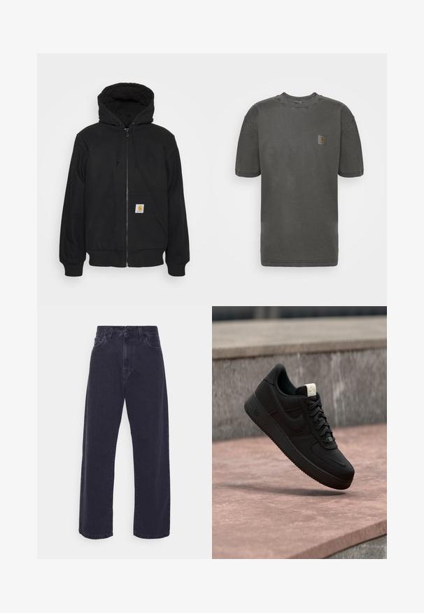 Zwarte zip-up hoodie met een gewatteerde capuchon, trekkoorden en voorzakken. Heeft een logopatch op de linkse zak en ribgebreide manchetten.; Carhartt WIP NELSON - T-shirt basic - black garment dyed; Donker gewassen denim jeans met een wijde pasvorm, hoge taille en vijf-pocket ontwerp. Beschikt over een klassieke knoop- en ritssluiting.; Zwarte Nike Air Force 1 sneaker die boven een roze betonnen richel zweeft met een grijze stenen achtergrond, met zij- en bovenzijde details.