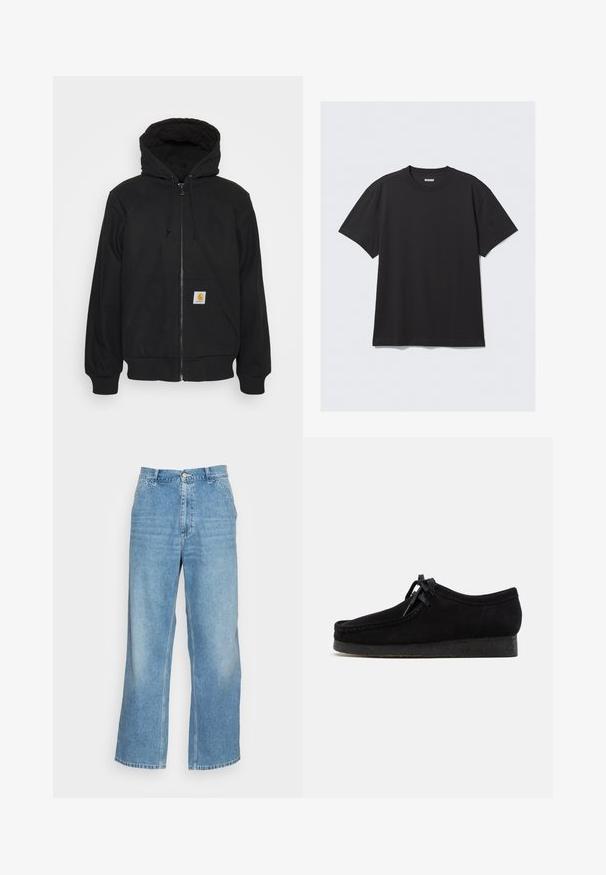 Sort zip-hætte med quitte hætte, snore og frontlommer. Har et logo-patch på den venstre lomme og ribbede manchetter.; Sort kortærmet t-shirt lavet af bomuld. Har en rund halsudskæring og en afslappet pasform. Enkel design uden synlige mønstre eller accenter.; Lyseblå bred ben jeans lavet af denim. Har en høj talje, knaplukning og standard fem-lomme design. Glat tekstur.; Sorte ruskindsko med rund tådesign, snørebånd foran og en struktureret sort gummisål. Glat overflade med diskret syningsdetalje.