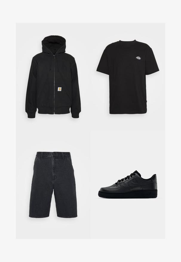 Zwarte zip-up hoodie met een gewatteerde capuchon, trekkoorden en voorzakken. Heeft een logopatch op de linkse zak en ribgebreide manchetten.; Zwarte katoenen t-shirt met korte mouwen en een ronde hals. Heeft een klein wit logo op het linker borstgebied.; Zwarte denim shorts met een rechte snit, mid-rise tailleband, knoopsluiting aan de voorkant en zichtbare stikseldetails.; Zwarte Nike Air Force 1 sneaker met een gladde leren bovenkant, geperforeerde neus voor ademend vermogen, zwarte veters en een getextureerde rubberen zool.
