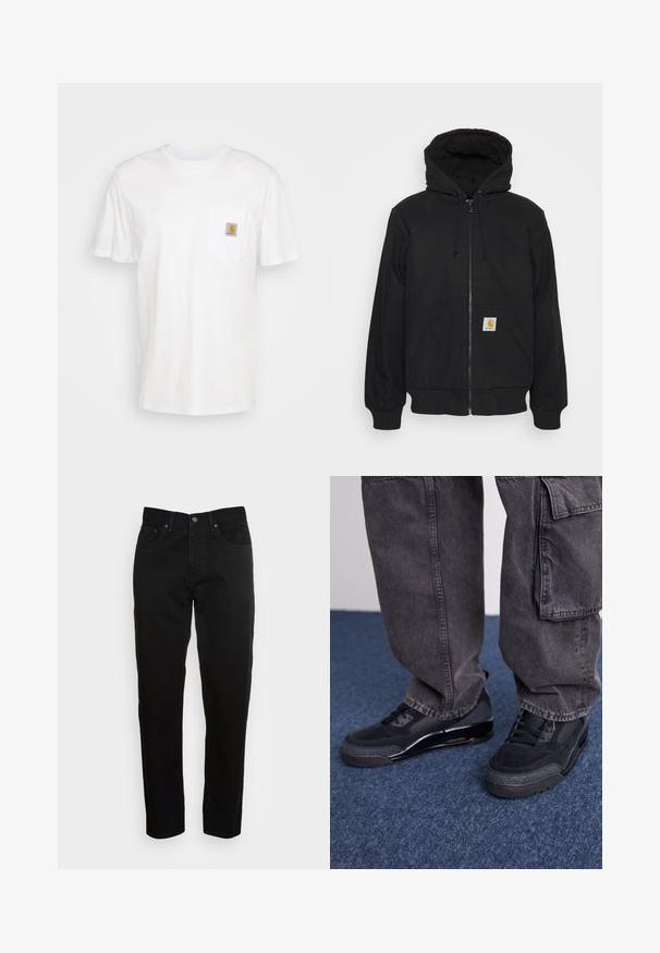 Schwarze Zip-Jacke mit einer gesteppte Kapuze, Kordelzügen und Fronttaschen. Enthält ein Logo-Patch auf der linken Tasche und gerippte Bündchen.; Weißes Baumwoll-T-Shirt mit kurzen Ärmeln, einer Brusttasche und einem kleinen quadratischen Logopatch in Orange und Weiß auf der Tasche.; Schwarze Slim-Fit-Jeans mit vorderem Knopfverschluss und fünf Taschen-Design, vor einem schlichten hellgrauen Hintergrund präsentiert.; Schwarze Sportschuhe mit einer strukturierten Oberfläche, glatten Akzenten und einer chunky Sohle, kombiniert mit dunklen, lässig sitzenden Cargo-Hosen.