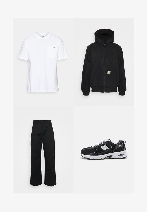 Must/hoodie, mille ajal, pitsitud kapuutsiga, nööride ja esikottidega. Vasakpoolsel kotil on logo silt ja peenikesed varrukad.; Valge puuvillane t-särk ümmarguse kaeluse, lühikeste varrukate ja rindade taskuga, millel on vasakul pool väike brändi logo.; Mustad püksid tugevast kangast, sirge lõikega, vööaasade ja väikese logoga alumises servas.; Must värvi ja hallid spordijalatsid, mille ülemine osa on valmistatud võrgust ja nahast, valge vaheosaga, paeltega ja küljel julge "N" logo.