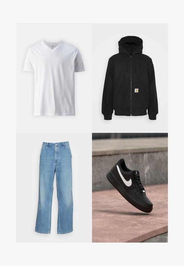 Schwarze Zip-Jacke mit einer gesteppte Kapuze, Kordelzügen und Fronttaschen. Enthält ein Logo-Patch auf der linken Tasche und gerippte Bündchen.; Kurzärmliges, V-Ausschnitt T-Shirt aus Baumwolle in Weiß. Hat ein einfaches Design mit glatter Textur und lockerer Passform.; Helle blaue weit geschnittene Jeans aus Denim. Mit hoher Taille, Knopfverschluss und klassischem Five-Pocket-Design. Glatte Textur.; Schwarzer Nike Air Force 1 Sneaker mit weißem Swoosh-Logo, der über einer Steinformation schwebt, vor einem grauen strukturierten Hintergrund.
