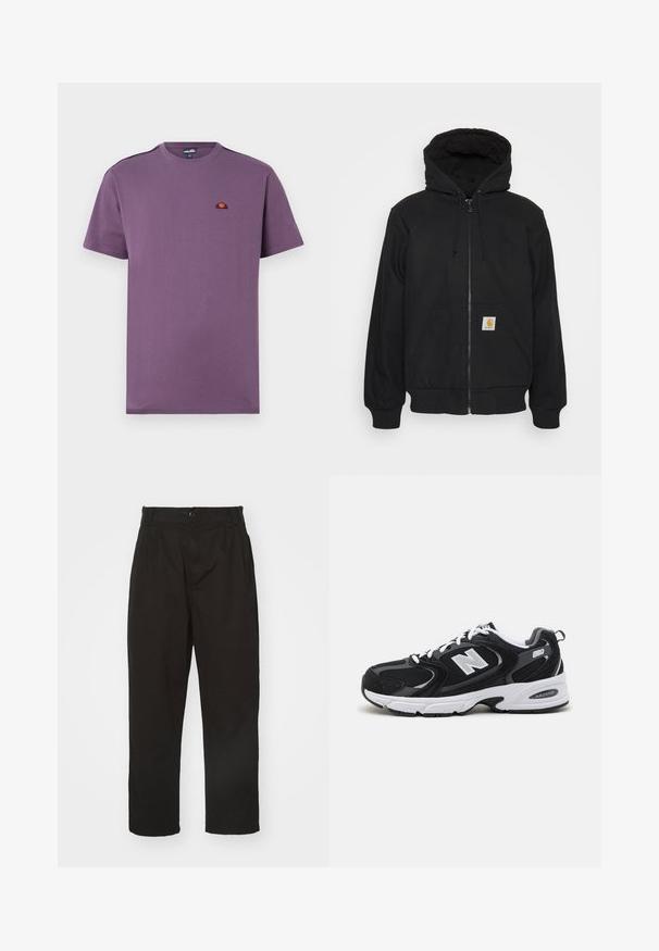 Sort zip-hætte med quitte hætte, snore og frontlommer. Har et logo-patch på den venstre lomme og ribbede manchetter.; Lilla bomulds T-shirt med rund halsudskæring og korte ærmer. Har et lille broderet logo på brystet og ensartet tekstur.; Sorte bukser lavet af glat stof, med knaplukning, lige pasform og to frontfolder for ekstra detalje.; Sorte og grå sportssko med mesh og ruskind på overdelen, der har en hvid mellemsål, snørebånd og et iøjnefaldende "N" logo på siden.