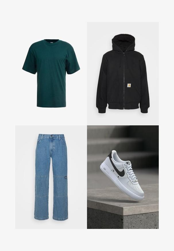 Haut de hoodie zippé noir avec capuche matelassée, cordons de serrage et poches avant. Présente un patch logo sur la poche gauche et des poignets côtelés.; T-shirt en coton vert foncé à manches courtes, col ras du cou et coupe décontractée. Texture lisse sans motifs ni accents visibles.; Jeans en denim bleu clair avec une coupe décontractée, présentant des panneaux en patchwork, une fermeture par bouton supérieur, un design à cinq poches et un logo subtilement apposé sur la jambe.; Baskets blanches Nike Air Force 1 avec logo Swoosh noir, flottant au-dessus d'un rebord en béton avec des escaliers flous en arrière-plan.