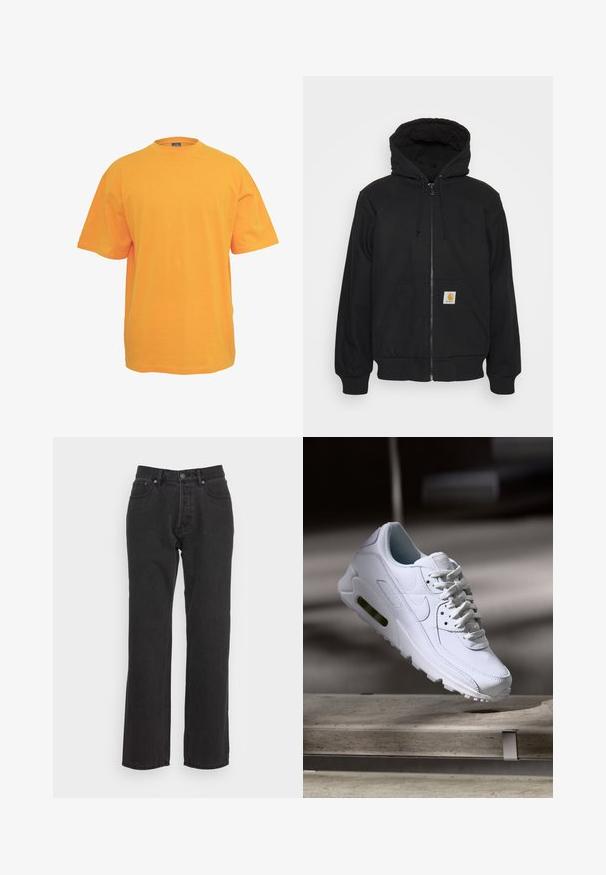 Zwarte zip-up hoodie met een gewatteerde capuchon, trekkoorden en voorzakken. Heeft een logopatch op de linkse zak en ribgebreide manchetten.; Oranje katoenen t-shirt met een ronde hals, korte mouwen en een relaxed fit. Geen patronen of accenten. Coffee textuur.; Zwarte denim jeans met een rechtzijdig ontwerp, voorzien van een voorste knoopsluiting, riemlussen en twee zijzakken. Gestructureerde stof.; Witte leren sneaker met gestructureerde oppervlakken, gevoerde kraag en zichtbare luchtbescherming in de zool. Heeft veters en een minimalistisch ontwerp.
