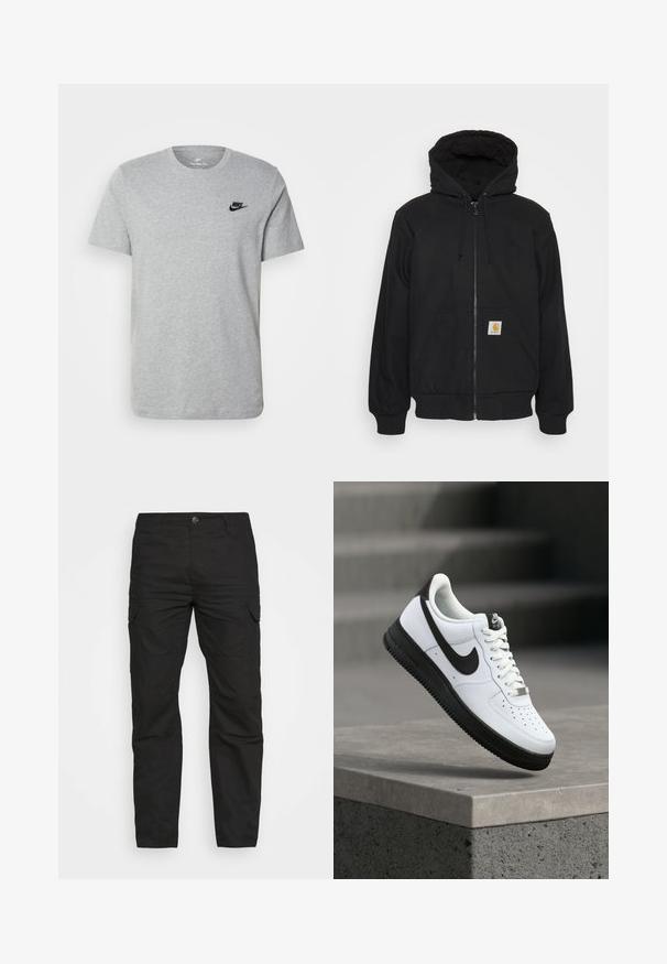Schwarze Zip-Jacke mit einer gesteppte Kapuze, Kordelzügen und Fronttaschen. Enthält ein Logo-Patch auf der linken Tasche und gerippte Bündchen.; Graues T-Shirt mit kurzen Ärmeln aus Baumwolle, mit einem schwarzen Nike-Logo auf der Brust und einem runden Ausschnitt. Minimalistisches Design ohne Muster.; Schwarze Cargo-Hosen mit geradem Bein, mehreren Taschen und einem Knopfverschluss, aus strapazierfähigem Baumwollstoff gefertigt.; Weißer Ledersneaker mit schwarzen Akzenten, abgerundetem Zehenbereich und perforierten Details. Schwarze Gummisohle mit strukturiertem Muster und Schnürverschluss.