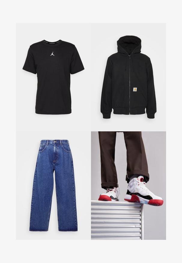 Sort zip-hætte med quitte hætte, snore og frontlommer. Har et logo-patch på den venstre lomme og ribbede manchetter.; Sort bomulds t-shirt med korte ærmer, rund hals, med et hvidt Jumpman-logo på brystet og en glat, let tekstur.; Bredde ben, blå denim jeans med høj talje, der har fem lommer, knaplukning og subtile blødgøringer for tekstur.; Hvide og sorte sportsko med røde detaljer. Har mesh- og lædermaterialer, rund tå og struktureret gummisål.