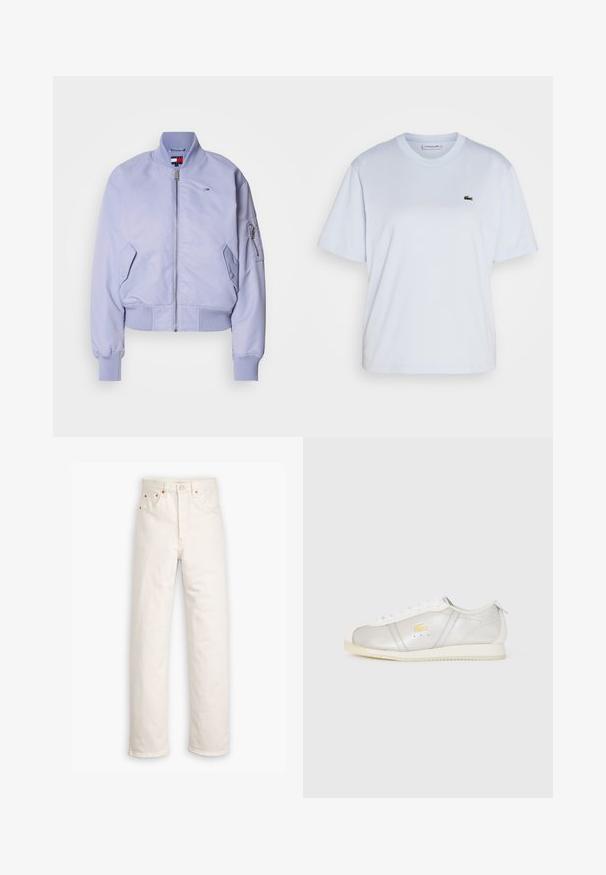 Hellblaue Bomberjacke aus glattem Material. Mit einem Reißverschluss auf der Vorderseite, geripptem Saum und Bündchen, Seitentaschen und einer Reißverschlusstasche am Arm.; Lacoste TF7215_3KE - T-Shirt basic - phoenix blue; Weiße Denim-Jeans mit geradem Bein, im Fünf-Taschen-Stil und mit kupferfarbenen Hardware-Details. Rohschnitt an den Knöcheln.; Weiße Leder-Sneaker mit beigem Sohlenrand, weißen Schnürsenkeln und einem kleinen gelben Krokodil-Logo an der Seite.