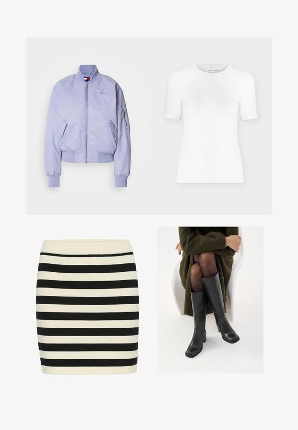 Chaqueta bomber de lavanda claro, hecha de tela suave. Cuenta con un cierre frontal, dobladillo y puños de canalé, bolsillos laterales y un bolsillo con cremallera en la manga.; Camiseta blanca de manga corta con cuello redondo, ajuste slim y textura de tejido acanalado, mostrada sobre un fondo liso gris claro.; Falda de punto a rayas en negro y crema, con forma ajustada y una cintura acanalada. Las rayas horizontales alternan en ancho para crear una textura visual.; Botas de cuero negro hasta la rodilla con puntera cuadrada y tacón de bloque, presentadas con un modelo sentado en un abrigo verde oliva. Textura suave, mínimo detalle.