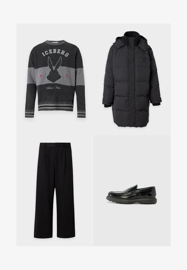 Black long padded winter coat with high knit collar and hood, featuring subtle logo on the chest and ribbed cuffs.; Dark gray and light gray striped sweater with a black rabbit silhouette, "ICEBERG" text, and "Milano Italia" embroidered on front.; Black wide-leg trousers with a high waist, belt loops, and front pleats displayed against a plain light background.; Black leather loafer with a glossy finish, rounded toe, subtle stitching details, and a thick rubber sole for durability.