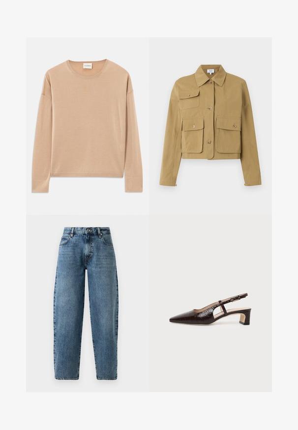 Beige kurze Jacke mit Knopfleiste vorne, drei Patentaschen mit Knöpfen und klassischem Kragen.; Beige Langarmpullover mit rundem Halsausschnitt, lockerer Passform und Rippdetails an den Bündchen und dem Saum. Weiche, glatte Textur mit minimalistischem Design.; Hellblaue Jeans aus Denim mit geradem Bein, hoher Taille und minimalistischen Nähten. Klassischer Fünf-Taschen-Stil mit Metallbeschlägen.; Dunkelbrauner Slingback-Schuh aus krokodilgeprägtem Leder mit spitzer Spitze, niedrigem Blockabsatz und verstellbarem goldfarbenem Schnallenriemen.