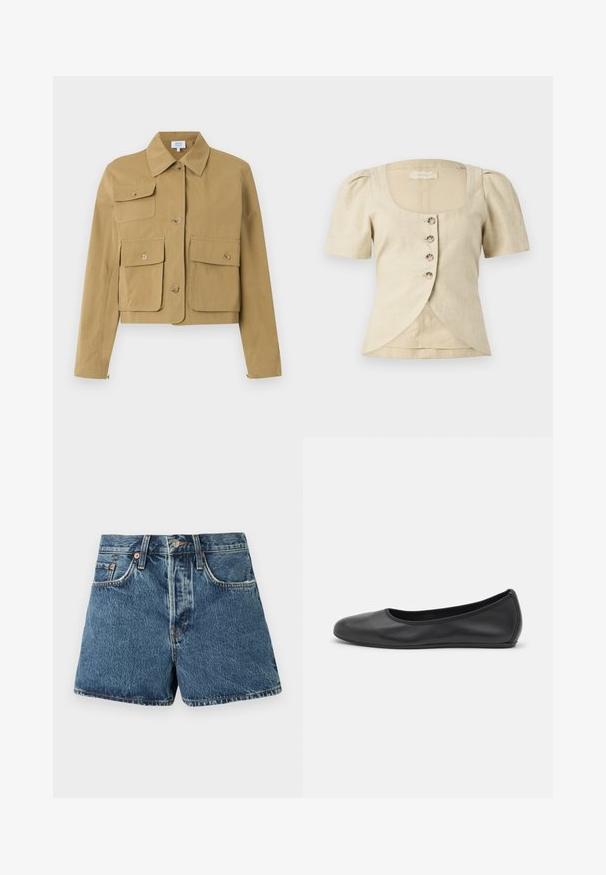 Beežikat värvi lühikese lõikega jakk ees nööpidega, kolm klapitaskut nööpidega ja klassikalise kraega.; Beige lina blouse lühikeste puhvvarrukatega, ruudukujulise kaelusega ja ees viie nööbiga. Omab kattuvat hemidisaini.; Keskmise sinise värvusega teksashortsid, millel on kõrge talje, viis taskut, kontrastne õmblus ja metalline nööp sulgemiseks. Tekstuuriga kangas, millel on kerge pleekimine.; Musthave mustika tantsutossud mustast nahast, ümmarguse varbaga, siledast tekstuurist, minimaalse õmblusdetailiga ja paindliku tallakujundusega.