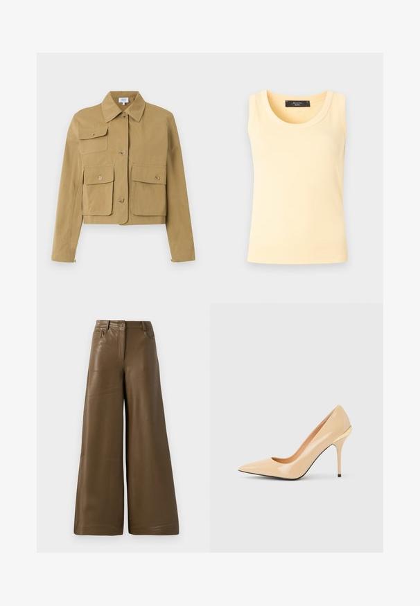 Chaqueta corta beige con cierre de botones en la parte delantera, tres bolsillos con solapa y botones, y cuello clásico.; Top sin mangas de punto acanalado en amarillo pálido con escote redondo y etiqueta de marca negra en el interior del cuello.; Pantalones de pierna ancha hechos de suave cuero sintético marrón. Presentan una cintura alta, cuatro bolsillos y una cremallera frontal. Textura lisa y diseño minimalista.; Zapato de salón de charol beige con tacón alto, puntera puntiaguda y tacón de aguja delgado, con un pequeño detalle dorado en la parte trasera.