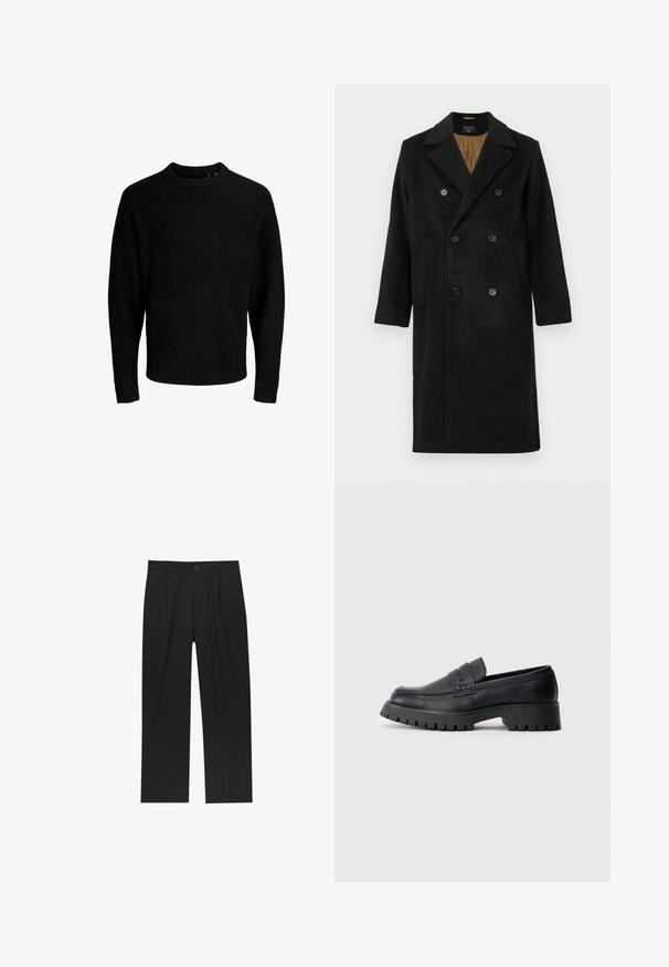 Manteau noir croisé en laine avec un col cranté, de gros boutons, et des poches latérales ; doté d'une doublure intérieure contrastante.; Pull noir, encolure ronde, manches longues, poignets et ourlet côtelés, texture douce, couleur unie, design minimaliste.; Pantalons noirs au design droit, fabriqués à partir d'un tissu lisse. Dotés de plis sur le devant et d'une fermeture à un bouton à la taille.; Mocassins en cuir noir avec un bout arrondi, présentant une sangle décorative et une semelle en caoutchouc épaisse avec de profonds crampons pour une meilleure adhérence.