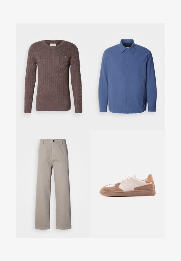 Lyseblå knaplukket jakke med krave, lange ærmer og frontlommer. Fremstillet af glat, holdbart stof med minimalistisk design.; Brun kabelstrikket sweater med rund hals, lange ærmer og rib kant i ærmerne og kanten. Har et lille broderet logo på brystet.; Beige vide bukser lavet af blødt bomuld, med en knaplukning og bæltestropper. Glat tekstur med et rent, minimalistisk design.; Hvid og tan lavtop-sneaker med ruskindsdetaljer, perforerede sider, hvide snørebånd og en struktureret gummisål, vist fra siden på hvid baggrund.