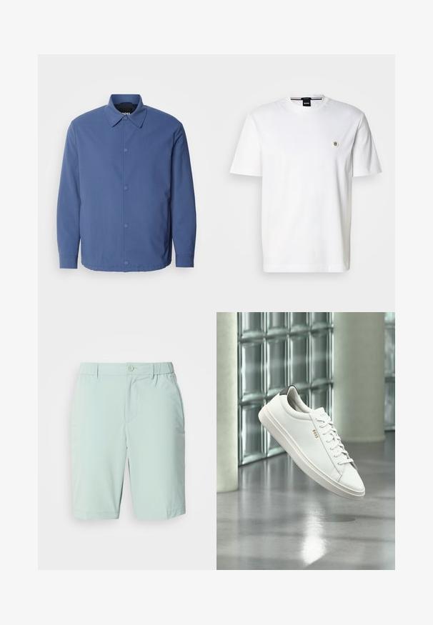 Veste bleu clair à boutons avec col, manches longues et poches avant. Fabriquée en tissu lisse et durable avec un design minimaliste.; T-shirt en coton blanc avec un col rond, des manches courtes et un petit logo sur la poitrine gauche. Texture lisse, coupe classique.; Shorts bleu clair en tissu lisse, dotés d'une fermeture à bouton, de poches avant et d'une ceinture confortable sans motifs visibles.; Baskets basses en cuir blanc avec lacets, languette de talon noire et logo « BOSS », flottant à l'intérieur près d'un mur en blocs de verre et d'un sol poli.