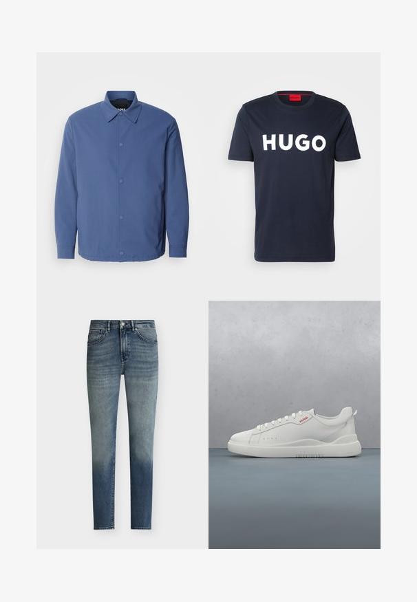 Lyseblå knaplukket jakke med krave, lange ærmer og frontlommer. Fremstillet af glat, holdbart stof med minimalistisk design.; Mørkeblå bomulds t-shirt med et stort hvidt "HUGO" logo på forsiden, rund halsudskæring og korte ærmer. Rød indvendig mærkedetalje.; Herre slim-fit blå jeans med diskret falmet detalje, knaplukning og design med fem lommer.; Hvide sneakers med en glat læderfinish, rund tå, fire snørehuller, subtile perforeringer og en rød logo detalje på siden.