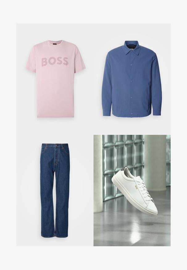 Veste bleu clair à boutons avec col, manches longues et poches avant. Fabriquée en tissu lisse et durable avec un design minimaliste.; T-shirt en coton rose clair avec col rond et manches courtes, arborant le mot "BOSS" en lettres majuscules d'un rose plus foncé sur la poitrine.; Jean en denim bleu avec une coupe droite, équipés d'une fermeture à bouton, de cinq poches et de coutures contrastantes le long des coutures.; Baskets basses en cuir blanc avec lacets, languette de talon noire et logo « BOSS », flottant à l'intérieur près d'un mur en blocs de verre et d'un sol poli.