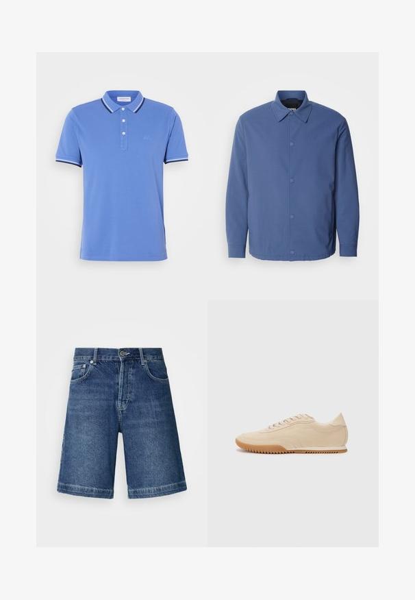 Hellblaues, knöpfbares Jackett mit Kragen, langen Ärmeln und Vordertaschen. Hergestellt aus glattem, strapazierfähigem Stoff mit minimalistischer Gestaltung.; Blaues Poloshirt aus Baumwolle mit einer Knopfleiste mit drei Knöpfen, kontrastierenden weißen und marineblauen Streifen am Kragen und an den Ärmelabschlüssen.; Dunkelblaue Denim-Shorts mit geradem Schnitt, fünf Taschen und gesticktem Saum. Enthält einen Frontknopf und einen Reißverschluss.; Beige Wildledersneaker mit einem schlanken Design, einer strukturierten Oberseite, abgerundetem Fuß und einer Gummisohle mit Zickzackmuster.