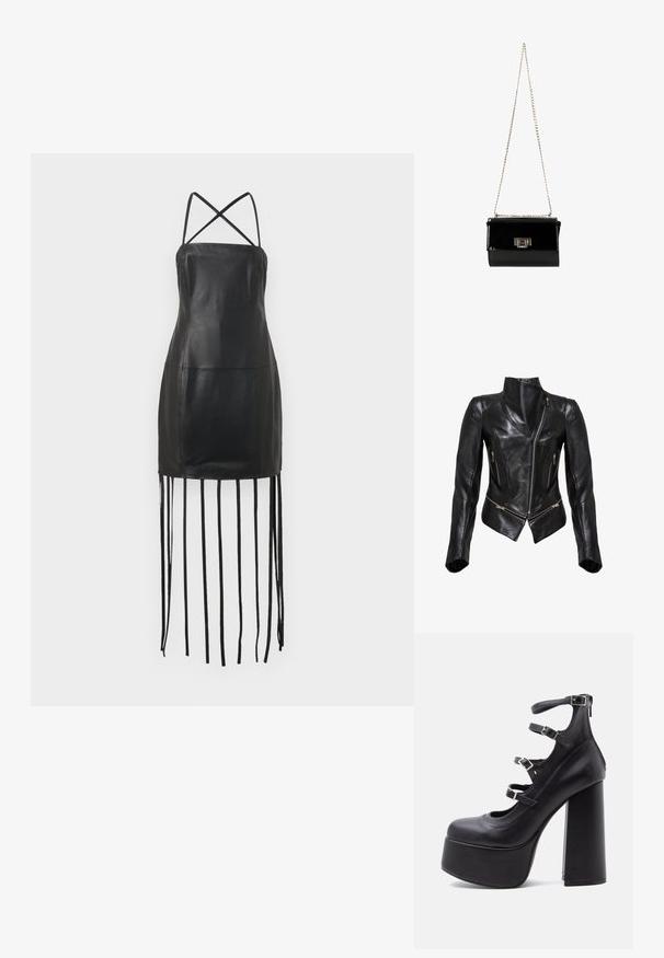 Veste de moto en cuir noir au design ajusté, fermeture éclair frontale asymétrique, deux poches zippées et col haut. Texture lisse.; Robe en cuir noir avec de fines bretelles croisées à l'arrière, corsage ajusté et franges pendantes au niveau de l'ourlet. Texture lisse et design minimaliste.; Chaussure à talon haut plateforme noire avec quatre brides réglables à la cheville et fermeture éclair arrière sur fond blanc.; Sac à main en cuir verni noir avec une bandoulière en chaîne dorée, de forme rectangulaire, doté d'une fermeture à rabat à l'avant et d'un accent de logo métallique.