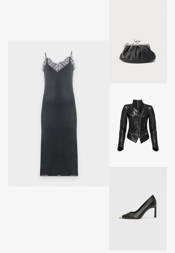 Veste de moto en cuir noir au design ajusté, fermeture éclair frontale asymétrique, deux poches zippées et col haut. Texture lisse.; Robe sans manches gris foncé avec une silhouette ajustée, présentant une bordure en dentelle froncée le long du décolleté en V et une texture lisse.; Chaussure à talon haut en cuir noir avec bout pointu et capuchon argenté métallique. Présente une finition lisse et un talon fin de 10 cm.; Porte-monnaie en cuir noir avec texture froncée, cadre en métal argenté, fermeture à verrouillage kiss-lock et bandoulière en chaîne. Surface lisse et douce.