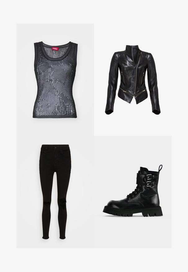 Veste de moto en cuir noir au design ajusté, fermeture éclair frontale asymétrique, deux poches zippées et col haut. Texture lisse.; Débardeur en maille noire avec un col rond et un motif de petits trous. L'étiquette intérieure indique "032c". Le matériau semble léger et texturé.; American Eagle SUPER HIGH RISE - Jegging - black wash; Botte de combat en cuir noir avec une semelle épaisse à crampons, des sangles latérales à boucle, des lacets et une languette de traction au talon sur un fond clair.