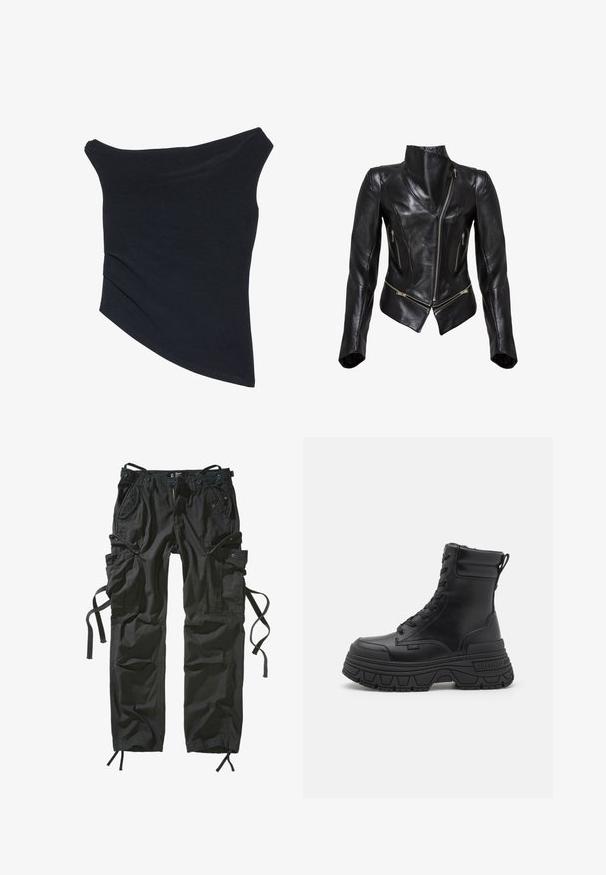 Chaqueta de motocicleta de cuero negro con un diseño ajustado, cierre frontal asimétrico con cremallera, dos bolsillos con cremallera y un collar alto. Textura suave.; Top negro, con tirantes caídos, de diseño ajustado, con un dobladillo asimétrico y una textura suave y lisa. Presenta tela fruncida en el escote.; Pantalones cargo negros hechos de un tejido ligero, con múltiples bolsillos, laterales ajustables con cordón y un ajuste relajado con costuras reforzadas.; Botas de tobillo negras con cordones, hechas de cuero suave, con una suela de plataforma gruesa, un tacón reforzado y una pestaña trasera para ponerlas con facilidad.