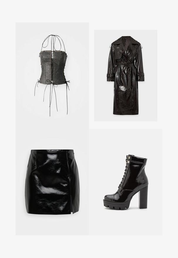 Sort blank patent skinn trenchcoat med brede slag, dobbeltspent knapperekke, belte i midjen og knappebeslåtte mansjettstropper.; Jaded London LONGLINE LACE UP HALTER CORSET - Topper - black; Svart mini skjørt laget av blankt materiale. Har en sidelukking og en slisse på høyre side for ekstra detalj og design. Glatt tekstur.; RAID KYNLEE - Snørestøvletter - black