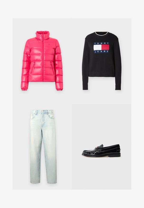 Gepolsterte Jacke in leuchtendem Pink mit hohem Kragen, Reißverschluss vorne und elastischen Bündchen. Verfügt über zwei seitliche Reißverschlusstaschen. Glänzende, glatte Textur.; Schwarzer Pullover mit Rundhalsausschnitt, vorne mit weißem und rotem Tommy Jeans Logo, gerippte Bündchen und Saum, sowie weiße Einfassung am Kragen, an den Bündchen und am Saum.; Hellblaue Jeans aus Denim mit einer lässigen Passform. Verfügt über fünf Taschen, einen Knopf- und Reißverschluss sowie einen leicht ausgebleichten Look.; Schwarze LederSlipper mit runder Zehenform, dekorativen Nähten und einem kleinen goldenen Akzent auf dem Vorderblatt. Flache Gummisohle, elegantes Design.