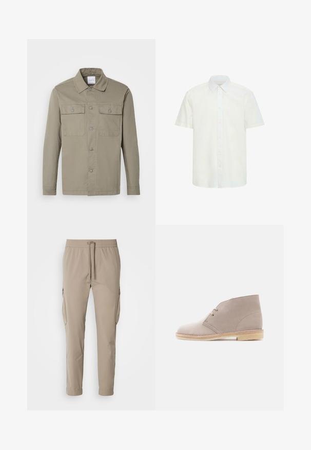 Olivengroen overhemd met lange mouwen, kraag en twee borstzakken met knopen, plat uitgespreid op een lichte achtergrond.; Witte korte mouwen blouse met knopen, een klassieke kraag, een effen ontwerp en een rechte zoom.; Beige cargo broek met een elastische tailleband en trekkoord. Voorzien van zijzakken en een taps toelopend ontwerp, gemaakt van lichte stof.; Beige suède enkellaars met vetersluiting met twee oogjes, crêpezool en lage gestapelde hak, getoond vanaf de zijkant tegen een effen achtergrond.