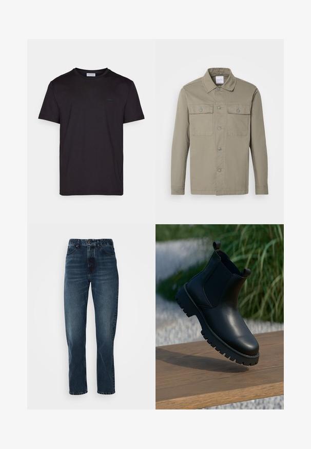 Olivengroen overhemd met lange mouwen, kraag en twee borstzakken met knopen, plat uitgespreid op een lichte achtergrond.; Zwarte T-shirt met korte mouwen van glad katoen, met een ronde halslijn en een subtiele logotag op de borst. Eenvoudig en klassiek ontwerp.; Donkerblauwe recht gesneden jeans met een sluiting met knoop en rits aan de voorkant, vijf-pocket ontwerp en subtiele vervaging op de dijen en knieën.; Zwarte leren enkellaarsjes met elastische zijpanelen, ronde neus en robuuste zool, tentoongesteld op een houten oppervlak.