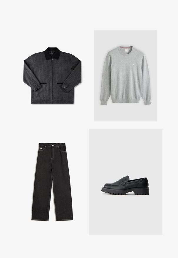 Grå flanneljakke med sort krave, frontlynlås, to sidelommer og knapmanchetter. Tekstureret stof med subtilt mønster.; Lysegrå sweater med rund hals, lange ærmer, ribbet manchetter og kant samt et lille logo på venstre bryst.; Sorte viddebukser i jeansstof med kontrastfuld hvid syning, knaplukning, bæltestropper og design med fem lommer inklusive en lille logopatch på forlommen.; Sorte læder loafers med en rund tå, prydet med en dekorativ rem og en kraftig gummisål med dybe riller for grip.
