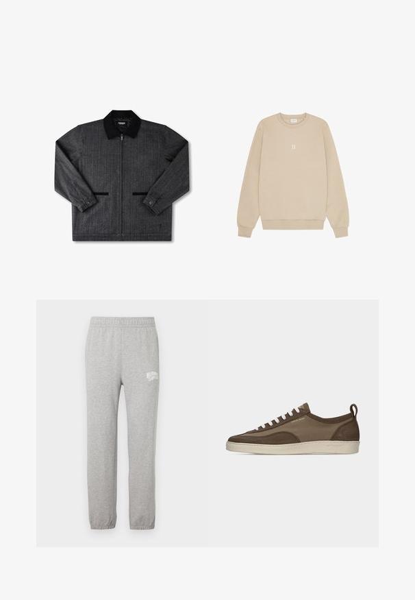 Grau meliertes Jackett mit schwarzem Kragen, Frontreißverschluss, zwei seitlichen Taschen und knöpfbaren Manschetten. Strukturiertes Gewebe mit dezentem Muster.; Beige Sweatshirt aus weichem Material mit rundem Halsausschnitt, langen Ärmeln und einem kleinen weißen "II"-Grafik, die zentral auf der Brust platziert ist.; Graue Baumwoll-Sweatpants mit elastischem Bund und zulaufenden Beinen. Besitzt ein weißes Logo auf dem linken Oberschenkel. Glatte Textur.; Flacher brauner Sneaker mit weißen Schnürsenkeln, beiger Sohle, Obermaterial aus Stoff und Wildleder, seitlicher Zuglasche und "Tiger of Sweden"-Logo in goldener Schrift.