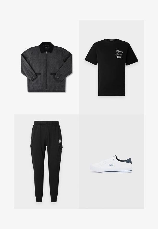 Grå flanneljakke med sort krave, frontlynlås, to sidelommer og knapmanchetter. Tekstureret stof med subtilt mønster.; Sort bomulds T-shirt med korte ærmer, der har et hvidt "Chrome and Leather" grafik på venstre bryst og brandnavnet "REPLAY."; Sorte cargobukser lavet af blødt stof med elastisk talje, sidelommer og et diskret logo på låret. Lige skåret design.; Hvid lavtop-sneaker med blå hælkappe, "JACK & JONES"-logo på siden, hvide snørebånd og hvid sål med blå stribe.