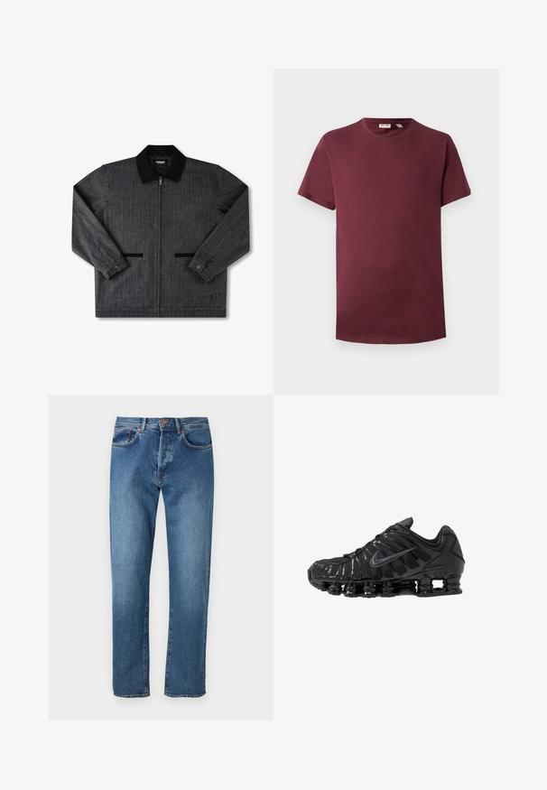 Harmaa villakangastakki mustalla kauluksella, etuvetoketjukiinnitys, kaksi sivutaskua ja napilliset hihansuut. Rakenteellinen kangas, jossa on hienovarainen kuvio.; Burgundy crew neck t-paita pehmeästä puuvillasta, lyhyet hihat, klassinen malli, suora helma ilman kuvioita tai varusteita.; Vaaleansinisiä farkkuja, joissa on suora lahje, viisi taskua, nappikiinnitys ja hieno haalistuma etupuolella.; Mustat urheilukengät, jotka on valmistettu verkkokankaasta ja synteettisistä materiaaleista. Niissä on erottuva aaltoileva kuvio, musta kumipohja ja heijastavia yksityiskohtia.