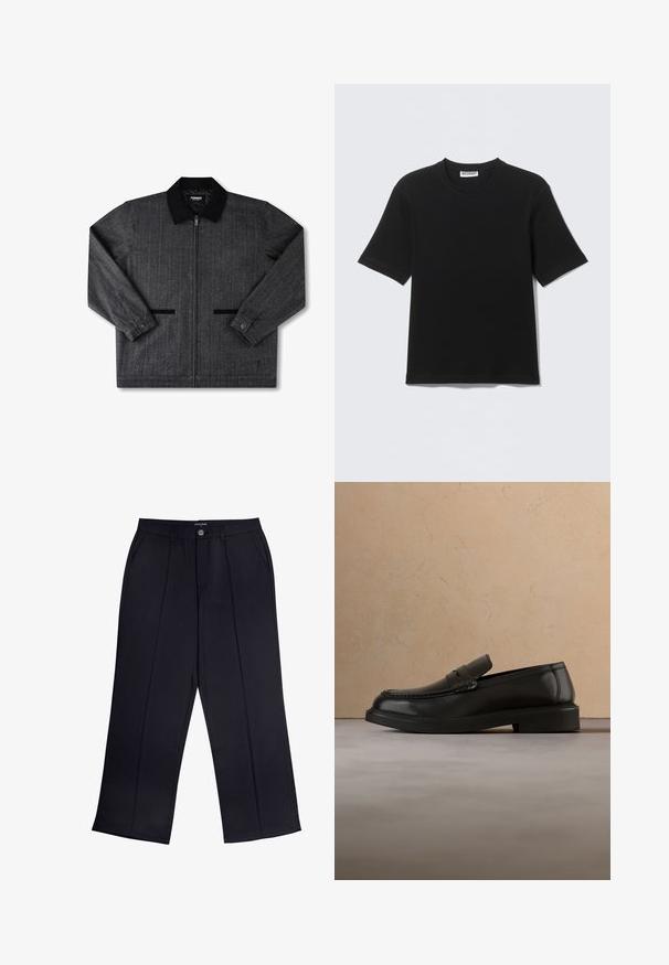Grå flanneljakke med sort krave, frontlynlås, to sidelommer og knapmanchetter. Tekstureret stof med subtilt mønster.; Sort kortærmet T-shirt med rund hals og "WEEKDAY" mærke på indersiden af kraven, vist fladt på en lys baggrund.; Sorte viddebukser lavet af glat stof med lynlås og knaplukning samt forlommer. Bemærkelsesværdige folder ned ad hvert ben.; Sort læderloafer svæver over et beige flettet tæppe med et rundt træbord og en sofa i baggrunden.