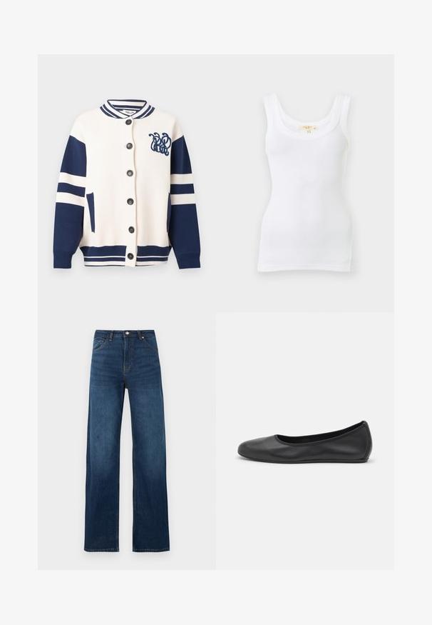 Cardigan blanc et bleu marine à boutons, manches rayées, col et ourlet côtelés, deux poches avant, avec logo bleu marine brodé sur la poitrine.; Débardeur blanc côtelé sans manches avec encolure dégagée, présenté à plat sur un fond clair.; Jean en denim bleu foncé, taille haute, jambes droites et larges, fermeture avant par boutons, fermeture éclair, poches avant et arrière.; Ballerines en cuir noir avec un bout rond, texture lisse, détails de couture minimalistes et design de semelle flexible.