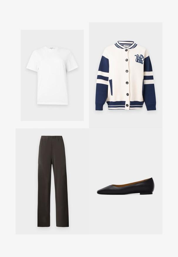 Cardigan blanc et bleu marine à boutons, manches rayées, col et ourlet côtelés, deux poches avant, avec logo bleu marine brodé sur la poitrine.; T-shirt blanc uni à manches courtes et col rond, coupe droite avec une petite étiquette de marque au niveau de l'encolure.; Pantalon marron foncé à jambes droites avec taille élastique, sans poches visibles ni décorations, présenté sur un fond clair uni.; Chaussure plate en cuir noir à bout pointu avec talon bas et finition lisse, vue de côté sur un fond gris clair.