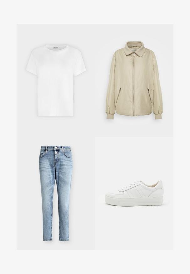 Marc O'Polo JACKET COLLAR AND CUFFS ZIPPER POCKETS - Ελαφρύ μπουφάν - jonesboro cream; Λευκό κοντομάνικο T-shirt με στρογγυλή λαιμόκοψη και ορατή ετικέτα Marc O’Polo μέσα στον γιακά, σε μονόχρωμο φόντο.; Ανοιχτό μπλε τζιν με ψηλή μέση, δύο κουμπιά μπροστά, μπροστινές τσέπες και στενή, ίσια γραμμή στα πόδια.; Λευκό δερμάτινο αθλητικό παπούτσι με υφή στην επάνω πλευρά, μαξιλαροκορδόνι και επίπεδη καουτσούκ σόλα. Διαθέτει διακριτική ραφή και κλασικό σχέδιο με κορδόνια.