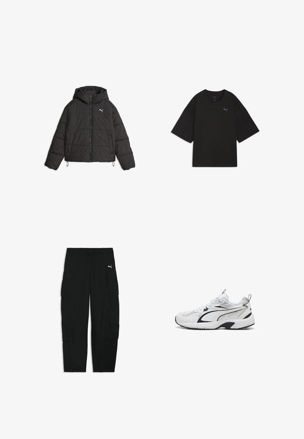 Chaqueta acolchada negra con capucha, cremallera frontal, bolsillos laterales y un pequeño logo blanco de Puma en el pecho.; Camiseta negra de gran tamaño hecha de algodón; cuenta con mangas cortas y anchas y un cuello redondo. Logotipo en gris en el lado izquierdo del pecho.; Pantalones cargo negros con cinturilla elástica, cordón, bolsillos laterales con solapa y un pequeño logo blanco de Puma en el muslo derecho.; Zapatilla deportiva blanca con detalles negros, diseño de cordones, parte superior de malla y sintética, y suela gruesa de goma con tiradores en la lengüeta y el talón.