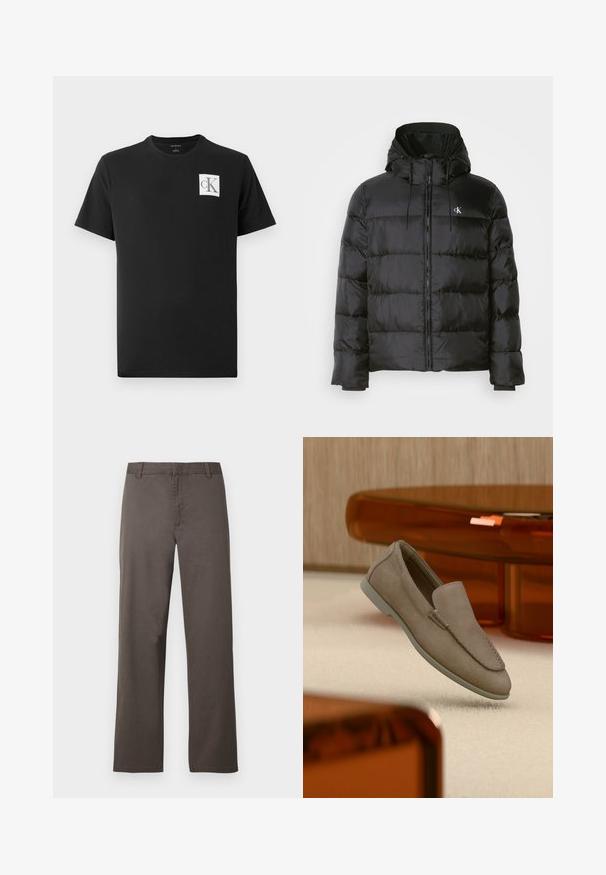 Schwarze Puffjacke mit Kapuze, mit einem Reißverschluss vorne, gesteppten Paneelen, elastischen Bündchen und einem kleinen Logo auf der linken Brust.; Schwarzes Baumwoll-T-Shirt mit kurzen Ärmeln und Rundhalsausschnitt. Enthält ein weißes quadratisches Logo mit "CK" in Schwarz auf der linken Brust.; Braune Baumwollhosen mit geradem Bein, ausgestattet mit Gürtelschlaufen und einer glatten Textur. Keine sichtbaren Muster oder Hardwaredetails.; Beiger Wildleder-Slipper mit sichtbarer Naht und heller Sohle, auf einem cremefarbenen Teppich platziert, mit orange-transparenten Möbeln im Hintergrund.