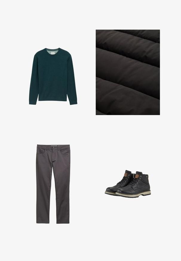 Tissu matelassé noir avec des canaux rembourrés proéminents. Texture lisse avec une finition mate et une couleur uniforme. Pas de motifs ou d'accents visibles.; Sweat-shirt à manches longues vert foncé avec un col rond côtelé, texture douce et un détail de logo subtil à l'avant. Coupe classique.; Pantalons gris foncé en tissu léger, avec fermeture éclair, cinq poches et détails de couture subtils. Design slim-fit.; Bottines montantes en cuir noir avec des semelles en caoutchouc beige, fermeture éclair sur le côté et accents marron sur le col et la languette.