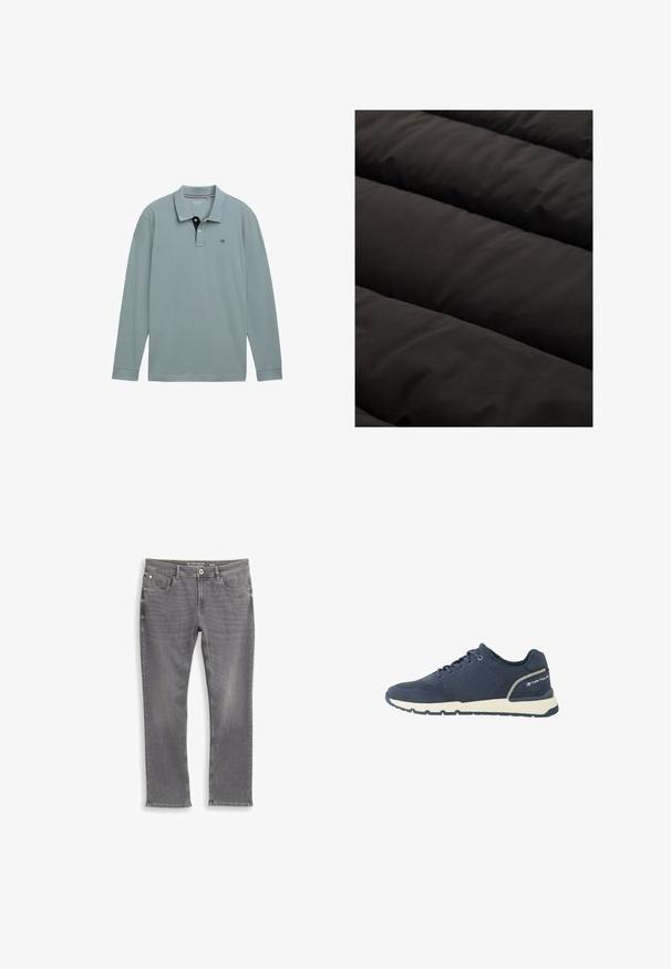 Sort quiltet stof med fremtrædende, polstrede kanaler. Glat tekstur med en mat finish og ensartet farve. Ingen synlige mønstre eller accenter.; Langærmet polo-shirt i lys blå med en kontrastfarvet navy krave. Cotton materiale, med et lille logo på venstre bryst. Klassisk pasform.; Grå denimjeans med en lige pasform. Har forlommer, lukning med knap og subtil falmning. Syningdetaljer på sømmene.; Mørkeblå atletiksko med mesh-overdel, hvid sål, sort ydersål og "Tom Tailor"-logo på hælkappen.