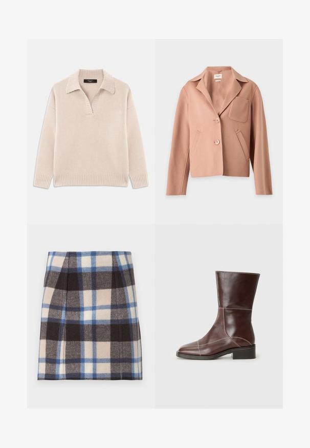 Lysebrun damejakke i uldblanding med knaphulskrave, to knapper, en brystlomme og to sidelommer.; Beige strikket sweater med V-udskæring og ribbet krave. Har lange ærmer og ribbet kant. Blød tekstur.; Rudet miniskørt i beige, brune og blå nuancer. Lavet af blødt stof med en tekstureret overflade og flade plisseringer for formens skyld.; Brun læder ankelstøvle med firkantet tå og lav hæl, med kontrasterende syninger langs sømmene. Klar baggrund.