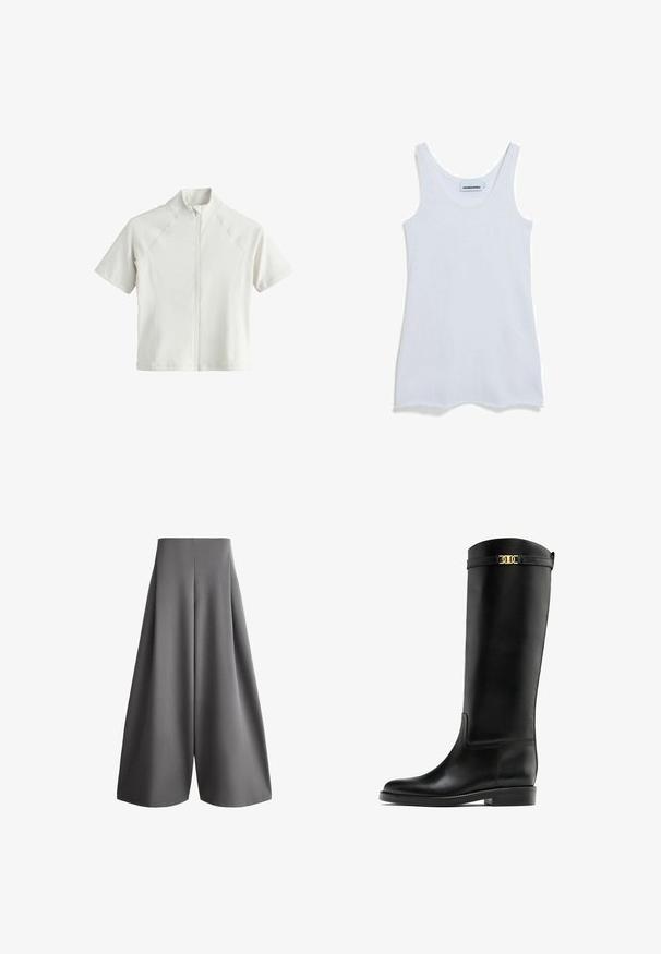 Wit topje met korte mouwen, ritssluiting, hoge kraag en naaddetails aan de voorkant en op de mouwen, weergegeven tegen een effen achtergrond.; Witte mouwloze tanktop met een ronde halslijn, rechte zoom en een label met "ARMEDANGELS" binnenin de kraag.; Grijze broek met wijde pijpen, hoge taille en gladde stof, plat neergelegd op een witte achtergrond.; Knielange zwarte leren laars met een gladde textuur, vlakke zool en een gouden accentriem aan de bovenkant. Klassiek en gestroomlijnd ontwerp.