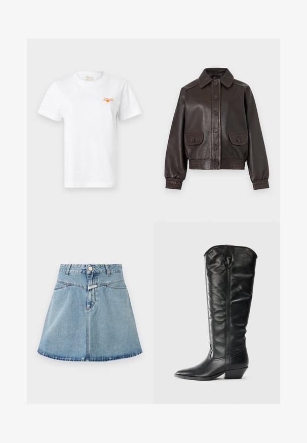 Veste en cuir marron foncé avec devant à boutons, deux poches à rabat boutonnées, poignets élastiques et ceinture, présentée sur fond uni.; T-shirt en coton blanc à manches courtes. Présente un graphique de soleil orange et le texte "Closed" sur le côté gauche de la poitrine. Col ras du cou classique.; Jupe en denim bleu clair avec une coupe évasée en A, dotée d'une fermeture à boutons, de deux poches avant et d'un ourlet relevé.; Bottes en cuir noires arrivant aux genoux avec un bout pointu et un talon carré. Elles présentent une texture lisse et un détail de couture subtil à l'avant.